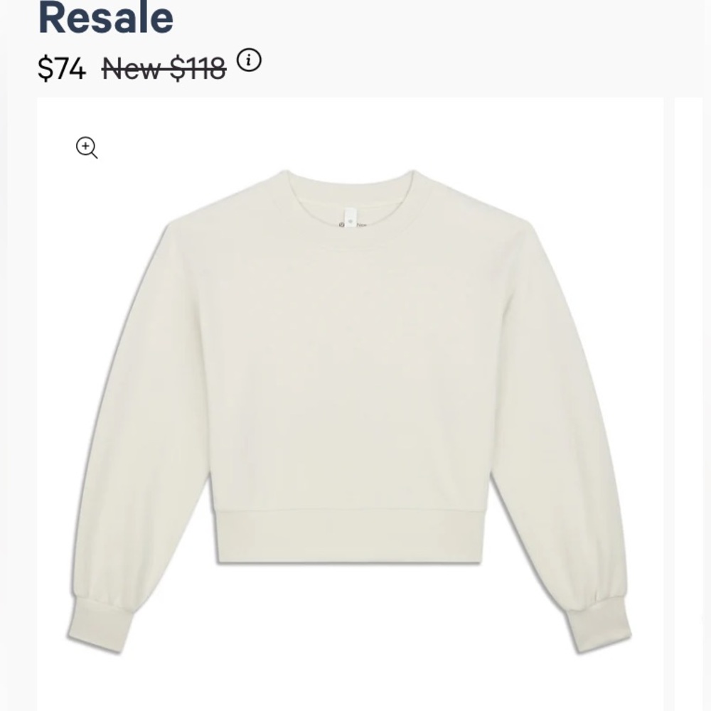 Lululemon softstreme cropped crew sweatshirt, size 4, white/cream color